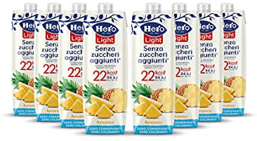 Hero Light Bevanda di Frutta Gusto Ananas, Succo con Pochissime Calorie per Porzione, Senza Zuccheri Aggiunti, Zero Conservanti, Coloranti, 8 Bottiglie da 1L