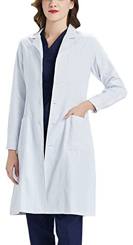 Laborkittel Damen Kittel Arztkittel Lab Coat Labormantel Weiß Arbeitskleidung Arbeitsmantel Baumwolle Damen mit Reverskragen Langen Ärmeln Geeignet für Arbeit, Masseur, Krankenschwester, Cosplay XS
