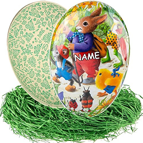 alles-meine.de GmbH Osterei/Ei zum befüllen + Ostergras Anzahl frei wählbar Hase beim Osterspaziergang - 15 cm - inkl. Name - Füll - Pappei - Deko Pappe Papp Pappeier Dekoe..