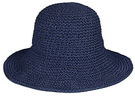 Strohhut für Damen, faltbar, verstaubar, breite Krempe, Sommer-Strandhut, gehäkelt, Fischerhut, Dunkelblau, Einheitsgröße
