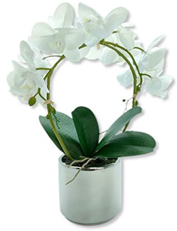 DARO DEKO Kunst-Pflanze Orchidee weiße Blüten 38cm Keramik Topf Silber rund künstliche Phalaenopsis Kunstblume