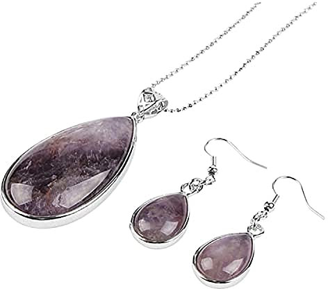 Ladies Matching Jewellery Set for Women - Teardrop Design Necklace Pendant & Drop Earrings - With Jewellery Gift Box (Amethyst)