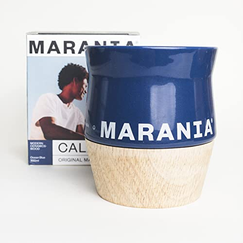 MARANIA Mate Becher aus Keramik & Holz mit 300ml - Yerba Mate Tee Tasse im einzigartigen Design in 5 Farben - Spülmaschinenfest - Yerba Mate Tee Becher Kalebasse Calabaza Kürbis Gourd (Ocean Blue)