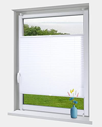 OBdeco Plissee Rollo Klemmfix ohner Bohren lichtdurchlässig Crushed Optik Faltrollo für Fenster und Türen Easyfix Weiß 75x100cm
