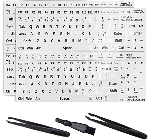 2Pcs Adesivi Universali Tastiera English, English Keyboard Stickers, Adatto Per Tastiera Meccanica,Tastiera Per Notebook Con Pinzette E Spazzola Per La Pulizia(Uk Layout,Bianco,Matte)