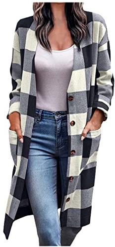 Women's Casual Lounge Lapel Button Down Long Plaid Shirt Coat Shacket Jacket Long Sleeve Collared Flannel Coats Spring Autumn