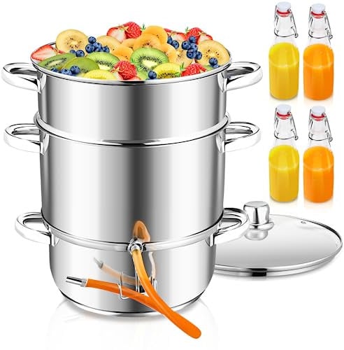 Joparri Dampfentsafter Ø26/16L Edelstahl Entsafter Saftpresse für alle Herdarten geeignet, Wasserbehälter ca. 4.5Liter, Schonendes Entsaften von Obst und Gemüse, mit 4 Bügelflasche, Silber