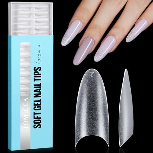 TOMICCA Long Oval French Edge Nail Tips, 240pcs Half Cover False Nail Tips, Clear Matte False Nails, Acrylic Nail Tips, Artificial Nails Tips for Acrylic Extensions, Salon Nails 15 Sizes