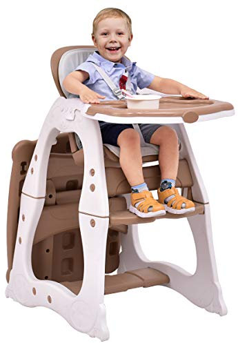 COSTWAY 3 in 1 Babyhochstuhl, Hochstuhl & Babystuhl & Sitzgruppe mit in 3 Positionen anpassbarem Essenstablett, 3 fach verstellbarer Rückenlehne und 5-Punkt Sicherheitsgurt (Braun)