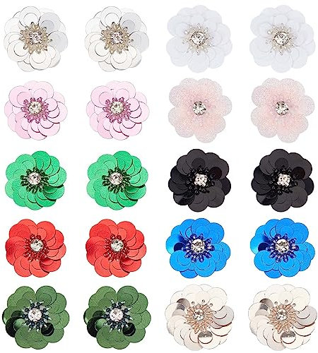 GORGECRAFT 20Stk 30 mm Pailletten-Blumen-Perlenapplikation 10 Farben Kristallperlen Zum Aufnähen Auf Stoff Aufnäher Strasssteine Bekleidungszubehör DIY Für Kleidung Tasche Stirnband Basteldekoration