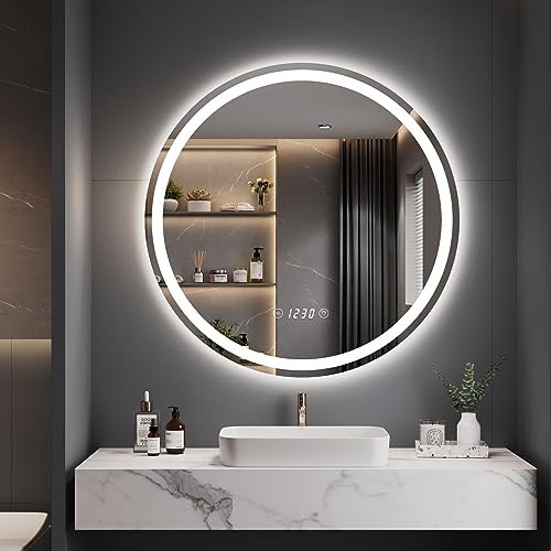 Dripex Badspiegel mit Beleuchtung Rund Led Spiegel mit Uhr und Touch-Schalter, Dimmbar, 3 Lichtfarbe Einstellbare Runder Badezimmerspiegel mit Beleuchtung, Beschlagfrei 60x60 cm