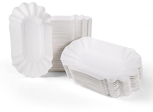 Inoverse 250 Stück Pommesschalen, Pappteller Weiß Einweg 14 x 9 x 3 cm, Umweltfreundlich Pappschalen, Currywust Pommes Papierteller, Einwegteller aus Pappe, Einweggeschirr, Partyteller, KU51