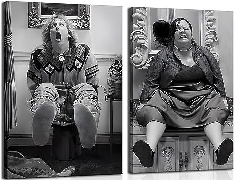Lot de 2 toiles murales amusantes pour salle de bain – Décoration humoristique vintage noire et blanche – Affiches de film Dumb and Dumber – Toile murale encadrée 40,6 x 61 cm