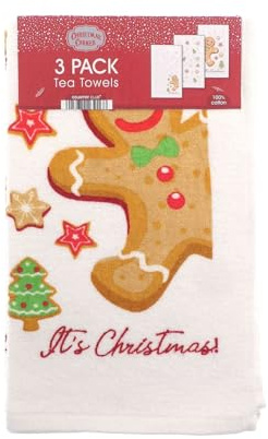 COUNTRY CLUB Xmas Designs Set of 3 Tea Towels, Festive treats gingerbread, Christmas Tea Towel 100% Cotton