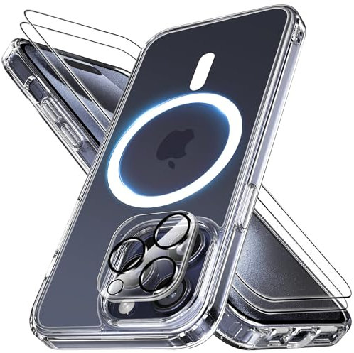 Mootobo for iPhone 15 Pro Case 4 in 1 Magsafe Built-in 2 HD Screen Protectors and 1 HD Lens Protector, Compatible with Magsafe Wireless Charging for iPhone 15 Pro 6.1 inch - Clear