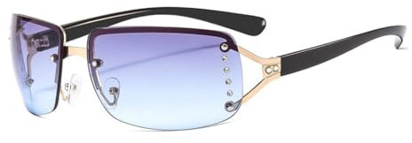 Pmnzdy Lunettes de soleil vintage sans monture - Rectangulaires - Verres transparents avec strass - Dégradé de couleur - Pour femmes et filles, bleu