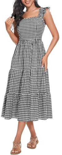 Wedtrend Vestido de verano para mujer, largo, sin mangas, a cuadros, para la playa, informal, a rayas, de algodón, Rejilla Negra, M