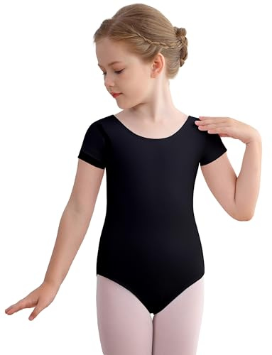 Mecceos Ballet Leotards Basic Short Sleeve for Toddler Girls Dance Gymnastics Outfits (Black, 4-6 Years, MEAM-278)