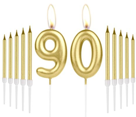 90th Birthday Candles, Gold Number 90 Candle for Cake, Gold Long Candles Cake Topper for Women Men Birthday Party 90th Wedding Anniversary Decorations