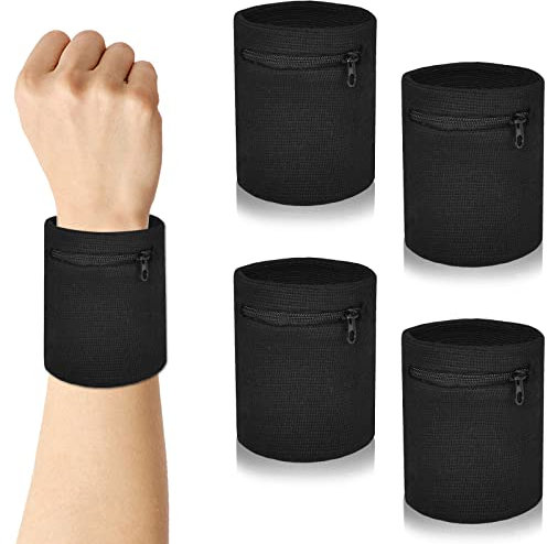 DEARBAG Handgelenk Schweißbänder mit Reißverschlusstasche, 4 Stück Sport Wristbands Baumwolle Absorbierende für Damen Herren, Fitness Arm Schweißband für Handball Tennis Basketball (Schwarz)