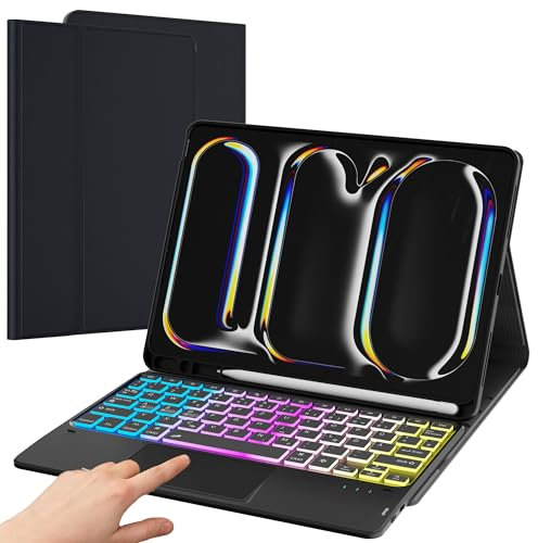 ROOFEI für iPad Pro 11 Zoll 2024 (M4) Hülle mit Tastatur: Deutsches QWERTZ-Layout Abnehmbar Tastaturen Hülle mit Touchpad - 3-Zozen-7-Farbige Beleuchtung Kabellose Tastatur für iPad Pro 11.0 M4 2024
