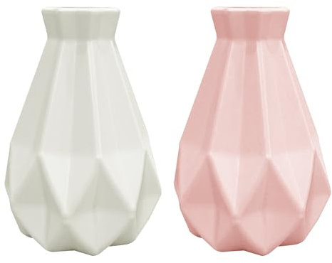 Lot de 2 Vases Irréguliers Blancs et Géométriques en Plastique Rose - Ornements de Bureau, Pots d'Arrangements Floraux Créatifs pour la Décoration de la Maison et du Bureau
