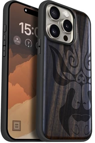 Carveit Coque Magnétique pour iPhone 15 Pro Étui Bois Case de Téléphone Antichoc Bumper TPU Compatible Magsafe 15 Pro Coque Bois Etui (Bois Sombre-Masque d'opéra Chinois)