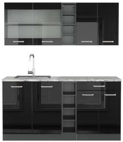 Vicco Singleküche R-Line, Schwarz Hochglanz/Anthrazit, 160 cm, AP Marmor