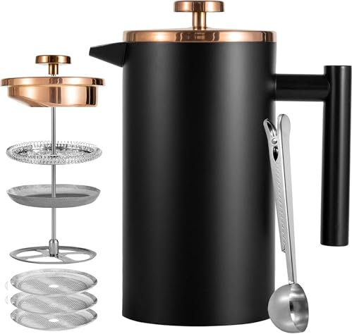 Wrobic Cafetiere French Press Coffee Maker, 1000ml/34oz Double-Wall Insulated Stainless Steel, 3 Level Filtration System, French Press for Home, Camping and Office (6 cup to 8 cup Black)