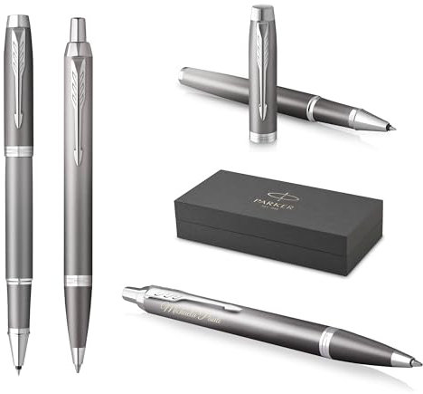 Parker IM Rituals Grey Chrome Kugelschreiber und Rollerball mit Gravur | Premium Stift | Geschenkbox | personalisiertes Geschenk | | Geburtstag (Druckkugelschreiber + Rollerball, Grey Chrome)