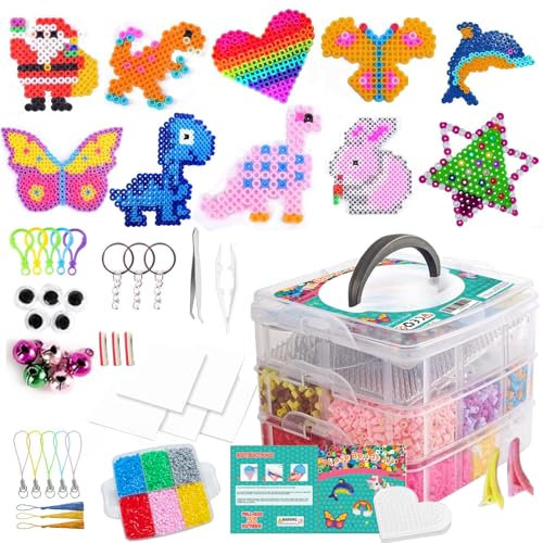 Dazhtu Bügelperlen Set, 10800 Stück Steckperlen mit Aufbewahrungsbox, Bügelperlen Platten, Benutzerführung, Kinder DIY Perlen, Verzierungen und 3d Kinder Geschenk Bastelideen für Jungen Mädchen, 5mm