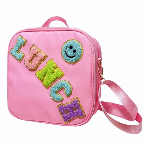 Nylon Insulated Lunch Bag with Adjustable Shoulder Strap, Preppy Lunch Bag, Reusable School Girls Preppy Lunch Box, Kids Lunchbox, Lunch Box for Women (Pink)