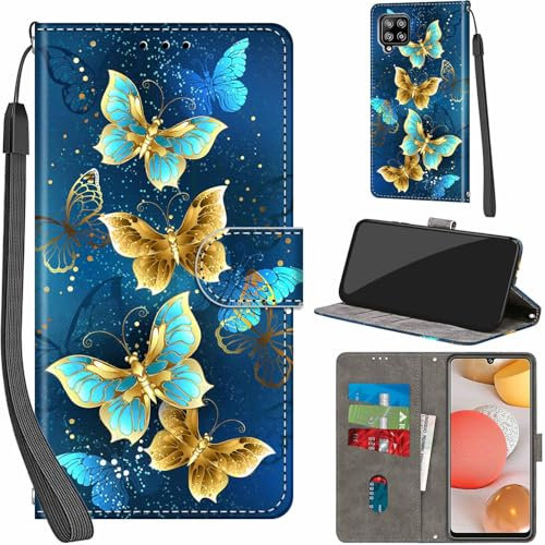 Handyhülle für Samsung Galaxy A42 5G Hülle PU Leder Schutzhülle Klappbar mit Kartenfach Ständer Handytasche mit Kameraschutz Flip Case Klapphülle für Samsung A42 5G, Vier Schmetterlinge
