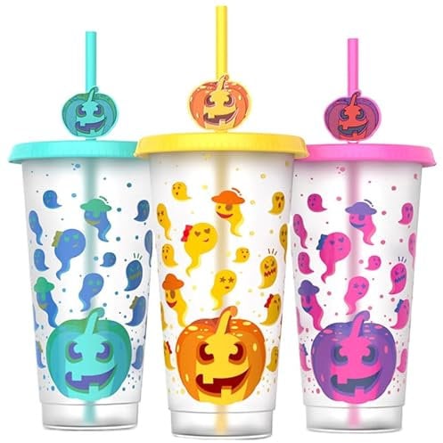 RUDFUZ 24 oz Color Changing Tumbler With Lid And Straw Cartoon Water Bottle Horror Plastic Pumpkin Cup for Halloween Drinkware