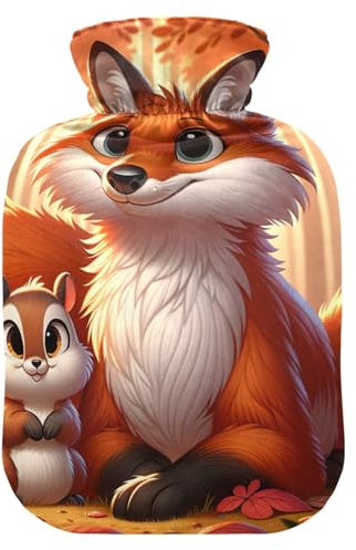 Autumn Cute Fox and Squirrel Hot Water Bottle with Soft Cover Feet Warmer with Soft Cover Warm Water Heat Bottles for Menstrual Cramps Pain Relief, 1L