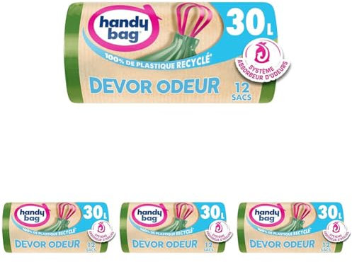 Handy Bag - Sacs poubelle à poignées coulissantes Dévor Odeur 30L x 12 sacs - Système absorbeur d'odeurs - Ultra Résistant - Étanchéité maximale - 100% plastique recyclé (Lot de 4)