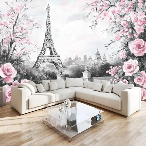 Générique Papier Peint Paris romantique Roses, tour Eiffel 200 x 140 cm Papier Peint intissé pour Chambre Salon Photo Murale Personnalisé Décoration Murale