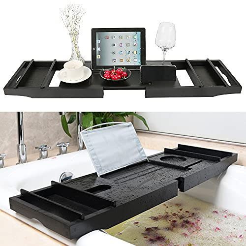 Plateau de Baignoire réglable, Pont de Baignoire 70-105cm Tablette de Plateau de Plateau de Bain en Acrylique, Support pour Livre/Tablette (Noir)