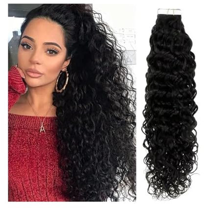 Haarverlängerungsband Echthaar-Tape-in-Extensions for schwarze Frauen Jerry Curly Tape-in-Haarverlängerungen 14-26 Zoll Naturschwarzes, lockiges Tape-in-Remy-Haarverlängerungen Perückenband(18inches)