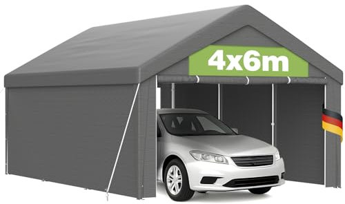Tente Garage Carport Grand 4x6 m avec Ossature Acier Zingué et Bâche PE Haute Densité Imperméable 200g/m² Anti-UV, Fermetures Latérales Incluses, Usage Stockage Agricole Voiture Jardin - Gris