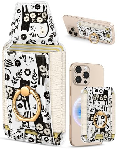 Shorogyt Compatible with Magsafe Wallet with Grip Magnetic Card Holder - Cute Phone Wallets with Ring Stand for iPhone 17/16/15/14/13/12 Series for Women Girls, Fit 7 Cards, Balck Cat, Balck Cat