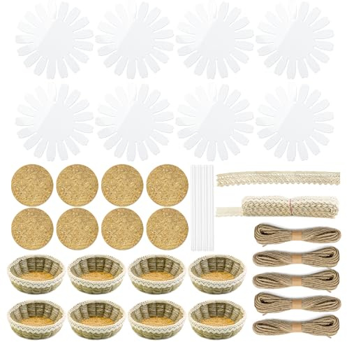 AOUXSEEM 8 Sets Basket Weaving Craft Kit for Beginners,DIY Burlap Style Desk Storage Small Parts Candy Cookies Bowls,8 inches Plastic Base and 109yd Jute Twine and Cork Linings & Lace