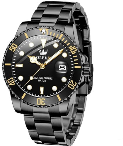 OLEVS Schwarz Herrenuhren Edelstahl Modern Wasserdicht Armbanduhr Herren Metallarmband Leuchtende Quarz Analog Herren Uhren Groß Zifferblatt Business Kleid Männer Uhr mit Datum Geschenke für Männer