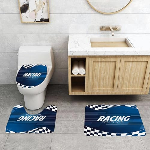 QRFASFZO Set Tappeti Bagno 3 Pezzi in Microfibra, Tappeti Assorbente Antiscivolo,Motocross Racing Scacchi Misurazione Su Sport Ricreazione Rally Gara Astratta Azione Auto Autom,Tappetini Doccia