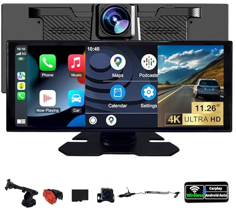 SCUMAXCON Radio de Coche con Pantalla de 11,26 – CarPlay/Android Auto/AirPlay Inalámbrico, Cámara de Reversa 4K, Bluetooth, GPS, FM, Marco Plateado, Borde Negro Instalación en Superficie Curva 0–15°