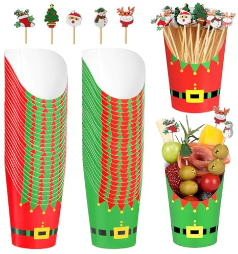 Bekeify 50 Pz 14oz Natale Bicchiere Porta Patatine Fritte e 100 Stuzzicadenti da Cocktail 400ml Bicchieri Natalizi per Aperitivi Contenitori Tazze Carta Bicchierini per Feste Aperitivo Pop Corn Salumi