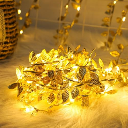 MUCHER 50 Warm White Micro LED Battery Operated Gold Leaf String Fairy Lights 5M Garland Light Ivy Fairy String Lights for Wedding Balcony Wall Bedroom Home Decor