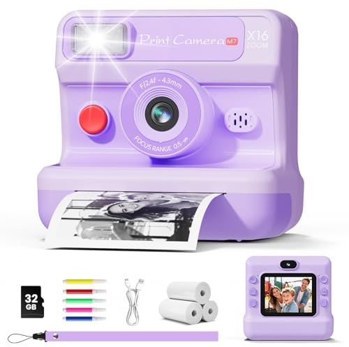 CalineGam Kinderkamera Sofortbildkamera, 2,4 Zoll mit 32GB Karte & 1080P HD | Zwei Objektive, inkl. 3 Papierrollen, Tintenloser Druck, MP3 Spiel, Geschenk für Jungen & Mädchen von 3 bis 12 Jahren