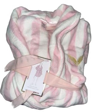 Victoria's Secret Kurzer, gemütlicher Plüsch-Fleece-Bademantel mit Gürtel, Rosa / Weiß gestreift, Druck/Rosa/Weiß gestreift, X-Small-Small