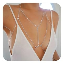 XFSRG Catena per Reggiseno da Donna Stratificata Boho Scintillante Sexy Bikini Body Chain Accessori Gioielli Spiaggia Estiva Rave(Argento)